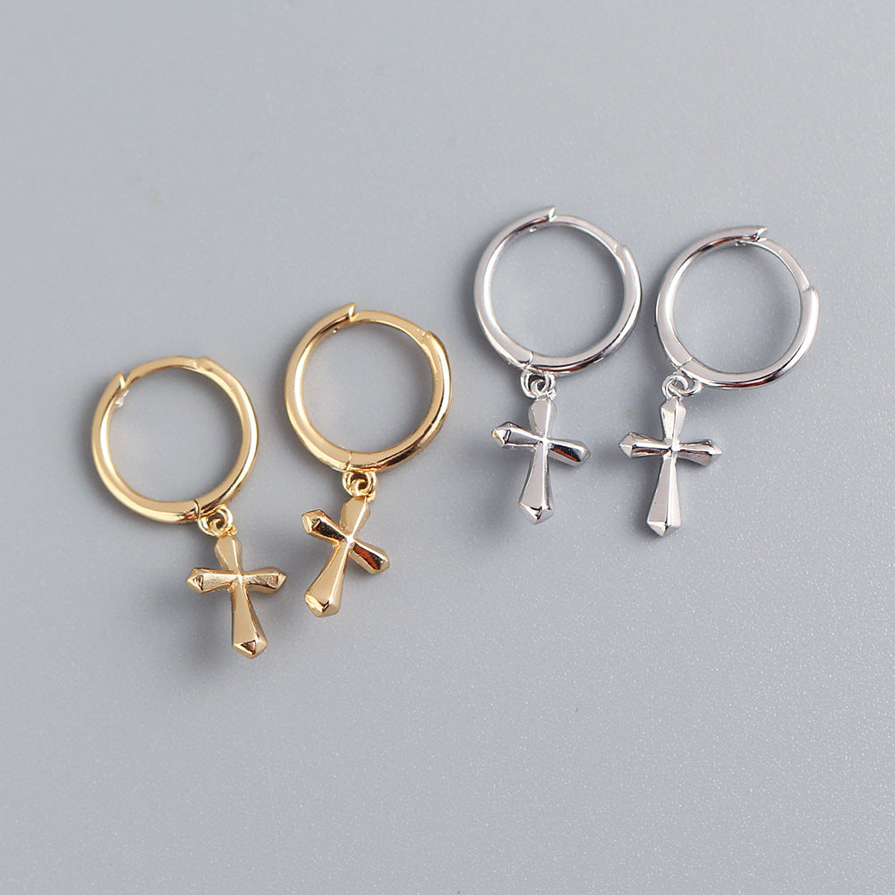 Sweet Cool Minimalist S925 Sterling Silver Plated Small Cross Hoop Earrings