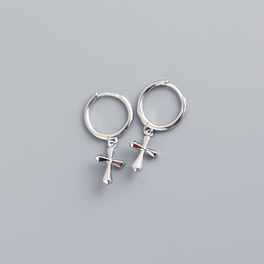 Sweet Cool Minimalist S925 Sterling Silver Plated Small Cross Hoop Earrings