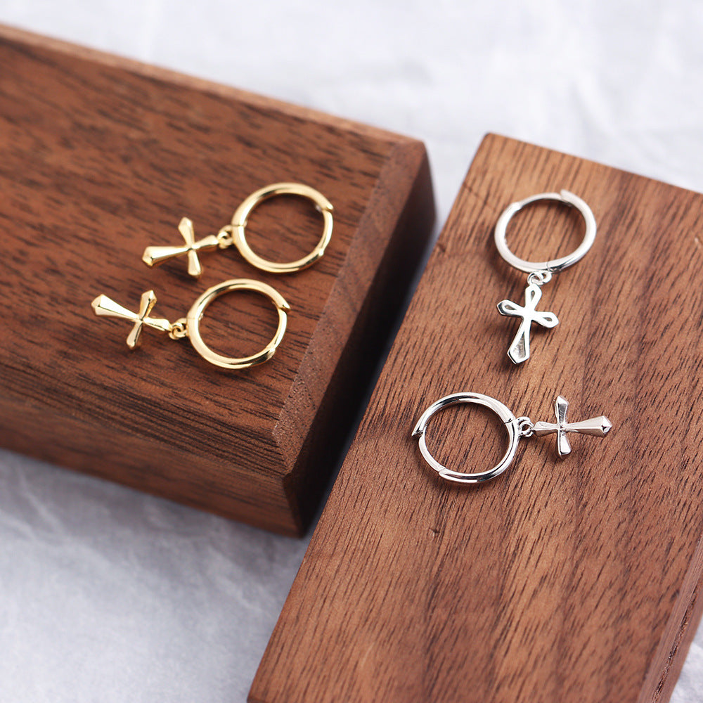 Sweet Cool Minimalist S925 Sterling Silver Plated Small Cross Hoop Earrings