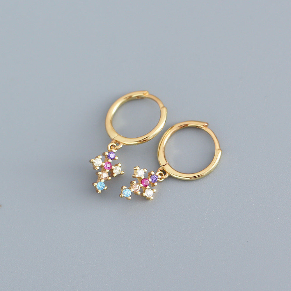 Sweet Luxury 925 Sterling Silver Gold Plated Cross Cubic Zirconia Inlay Earrings for Women