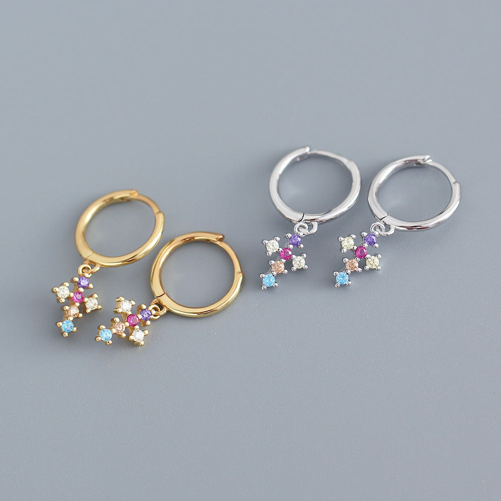 Sweet Luxury 925 Sterling Silver Gold Plated Cross Cubic Zirconia Inlay Earrings for Women