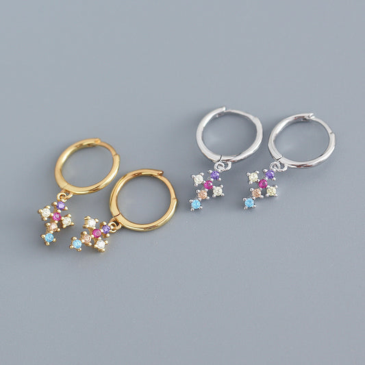 Pendientes de plata de ley 925 bañados en oro con incrustaciones de circonitas cúbicas en forma de cruz, de Sweet Luxury, para mujer