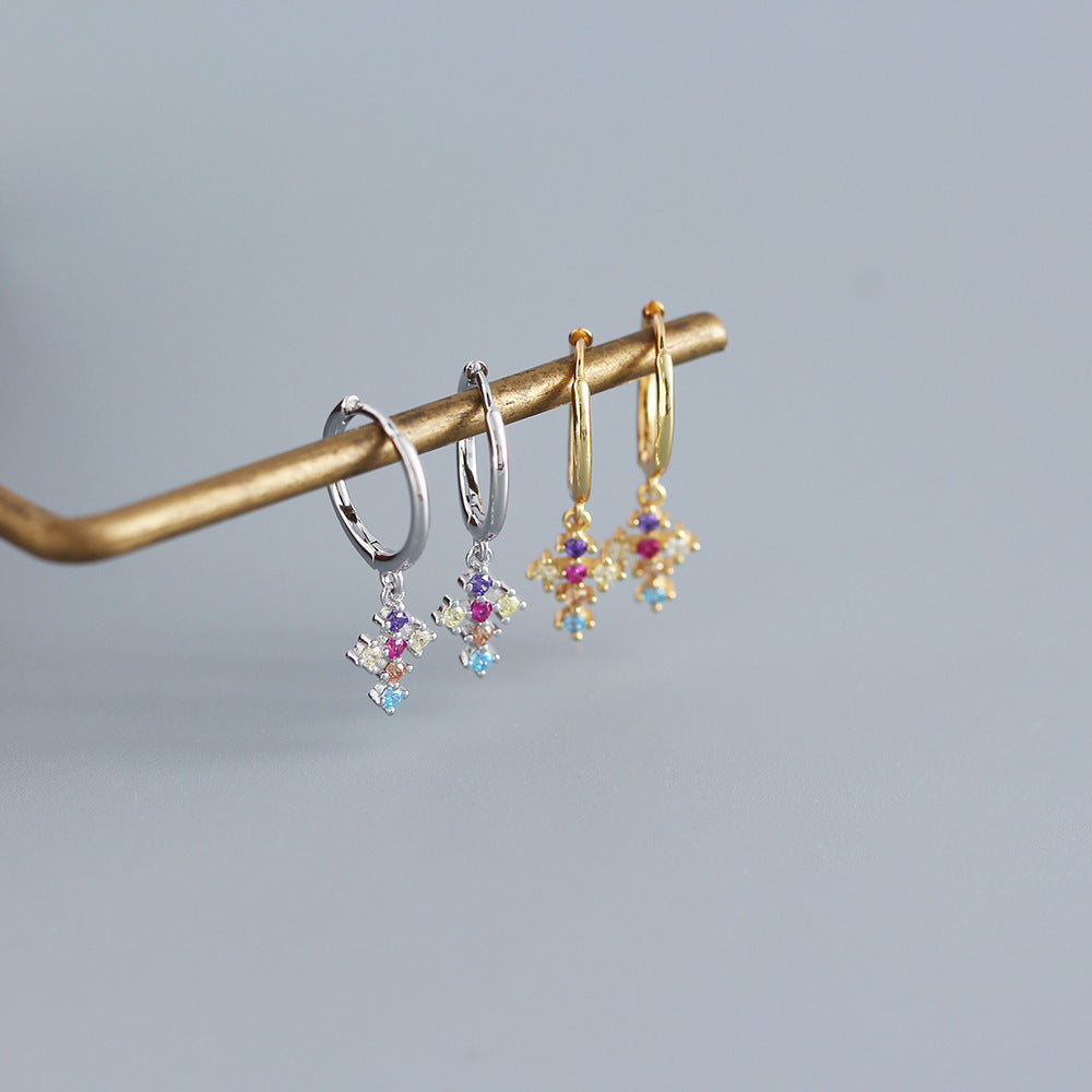 Sweet Luxury 925 Sterling Silver Gold Plated Cross Cubic Zirconia Inlay Earrings for Women