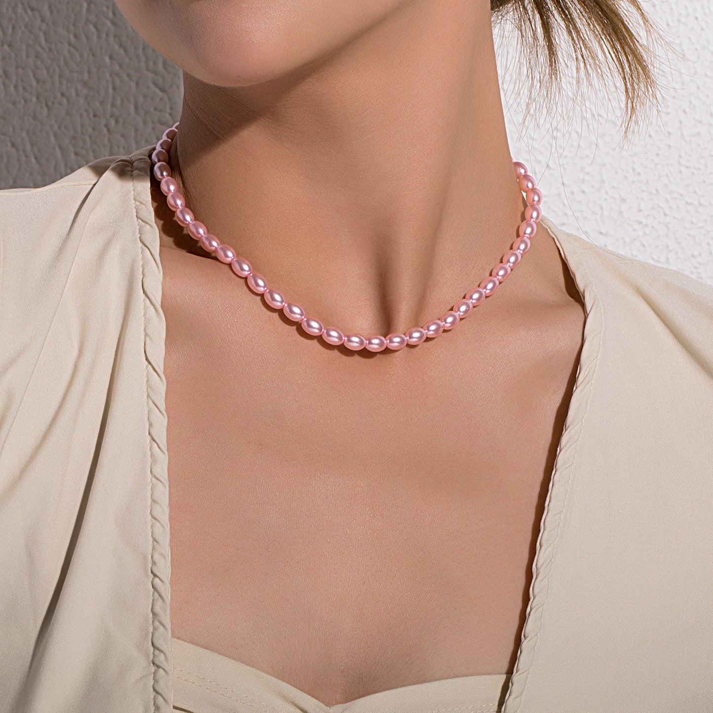 Pink Pearl Geometric Necklace for Women - Minimalist European Style Fashion Jewelry, Fishline Chain, Short Length, Elegant Pendant