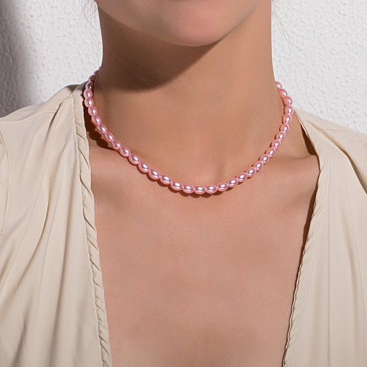 Collar Geométrico de Perlas Rosas para Mujer - Joyería de Moda Minimalista Estilo Europeo, Cadena de Hilo de Pescar, Corto, Elegante Colgante