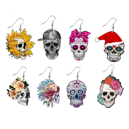 Pendientes de calavera acrílica con flores de Halloween, diseño de cruz, estilo gótico alternativo, joyería de fiesta