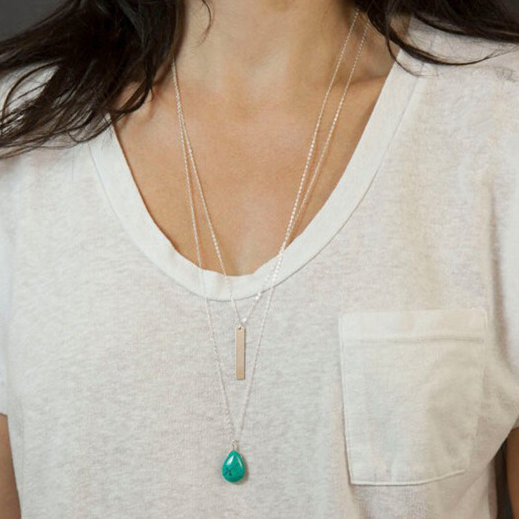 Minimalist Teardrop Turquoise Pendant Necklace with Multi-Layer Metal Chain for Women