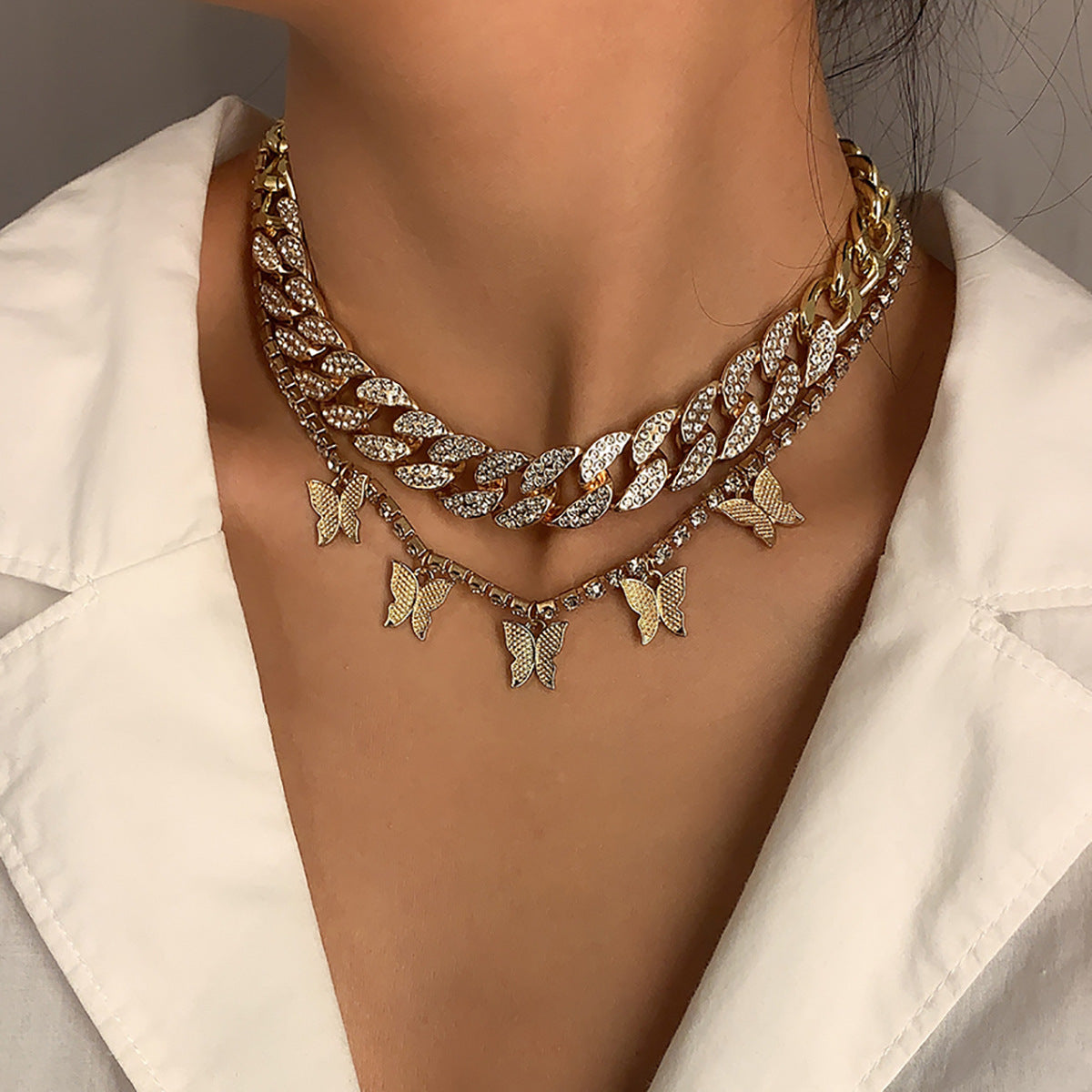 Collana a catena cubana con ciondolo a farfalla, stile bohémien vintage, gioielli placcati in lega per donna