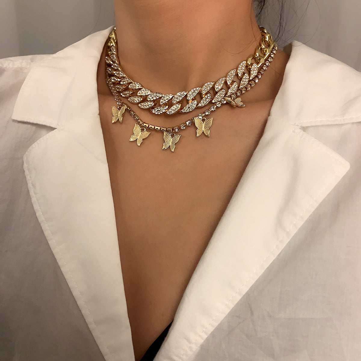 Collana a catena cubana con ciondolo a farfalla, stile bohémien vintage, gioielli placcati in lega per donna