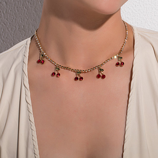 Vintage Bohemian Red Cherry Necklace for Women, Geometric Alloy Pendant with Box Chain, Plated Jewelry Accessory