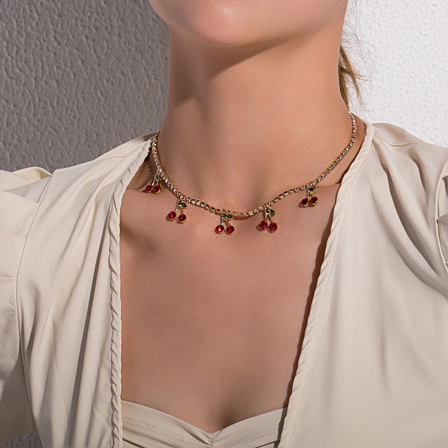 Vintage Bohemian Red Cherry Necklace for Women, Geometric Alloy Pendant with Box Chain, Plated Jewelry Accessory