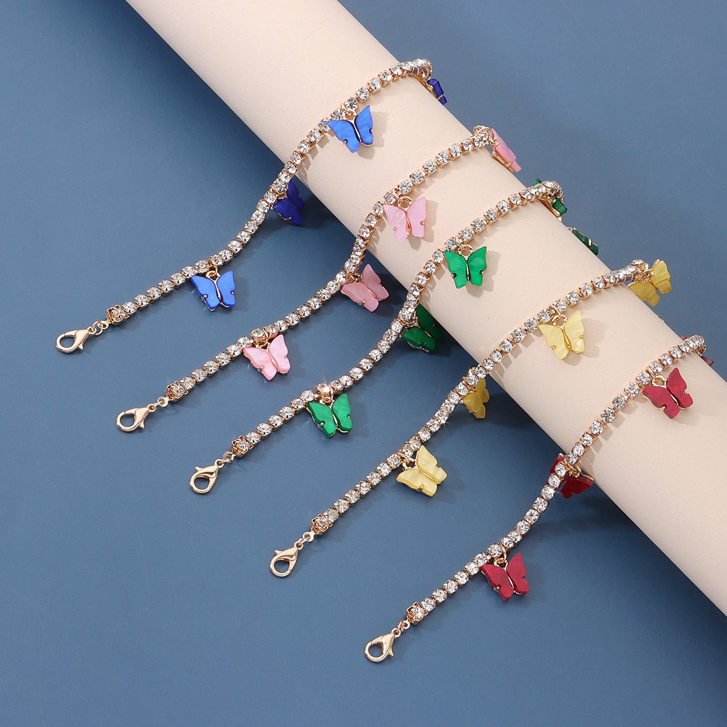 Colorful Acrylic Butterfly Anklet for Women, Alloy with Rhinestone Inlay, European Style, Beach Jewelry, Wedding Gift, Travel Souvenir, Employee Gift