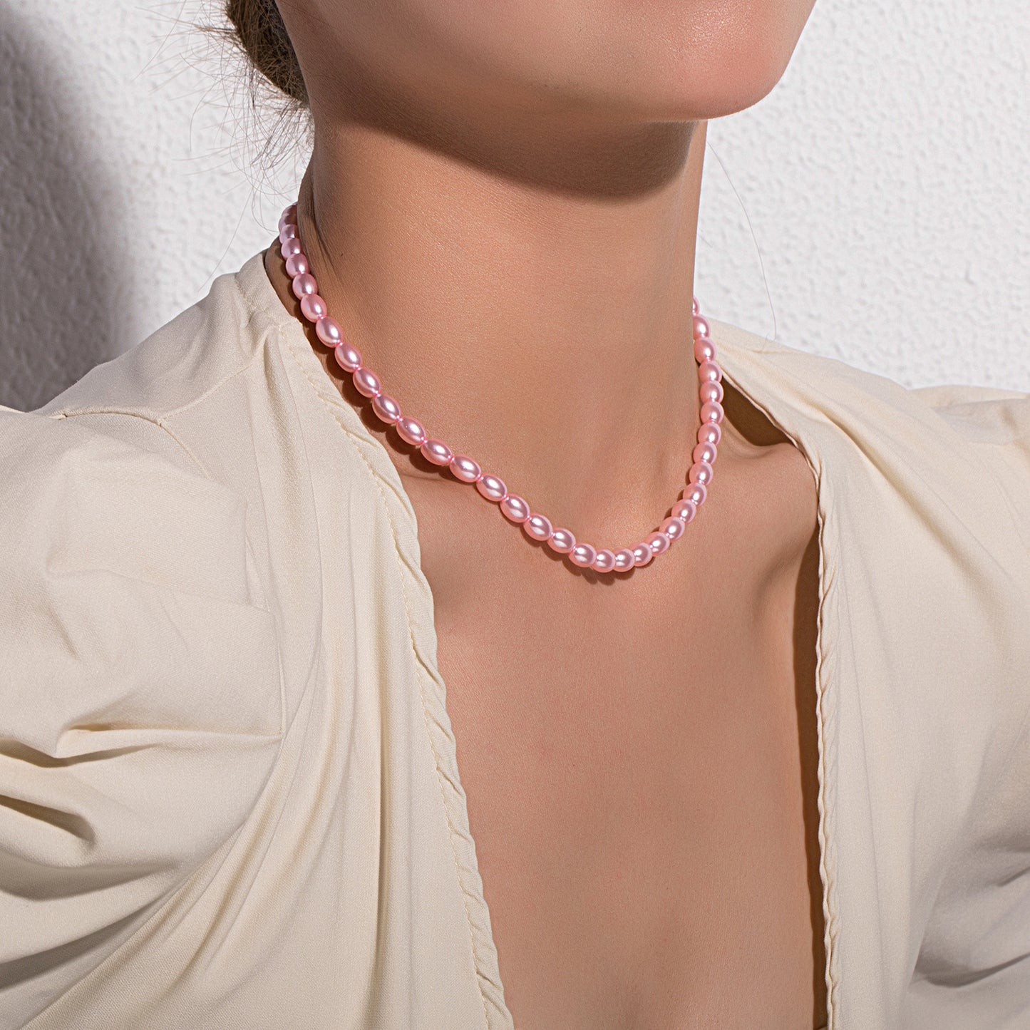 Pink Pearl Geometric Necklace for Women - Minimalist European Style Fashion Jewelry, Fishline Chain, Short Length, Elegant Pendant