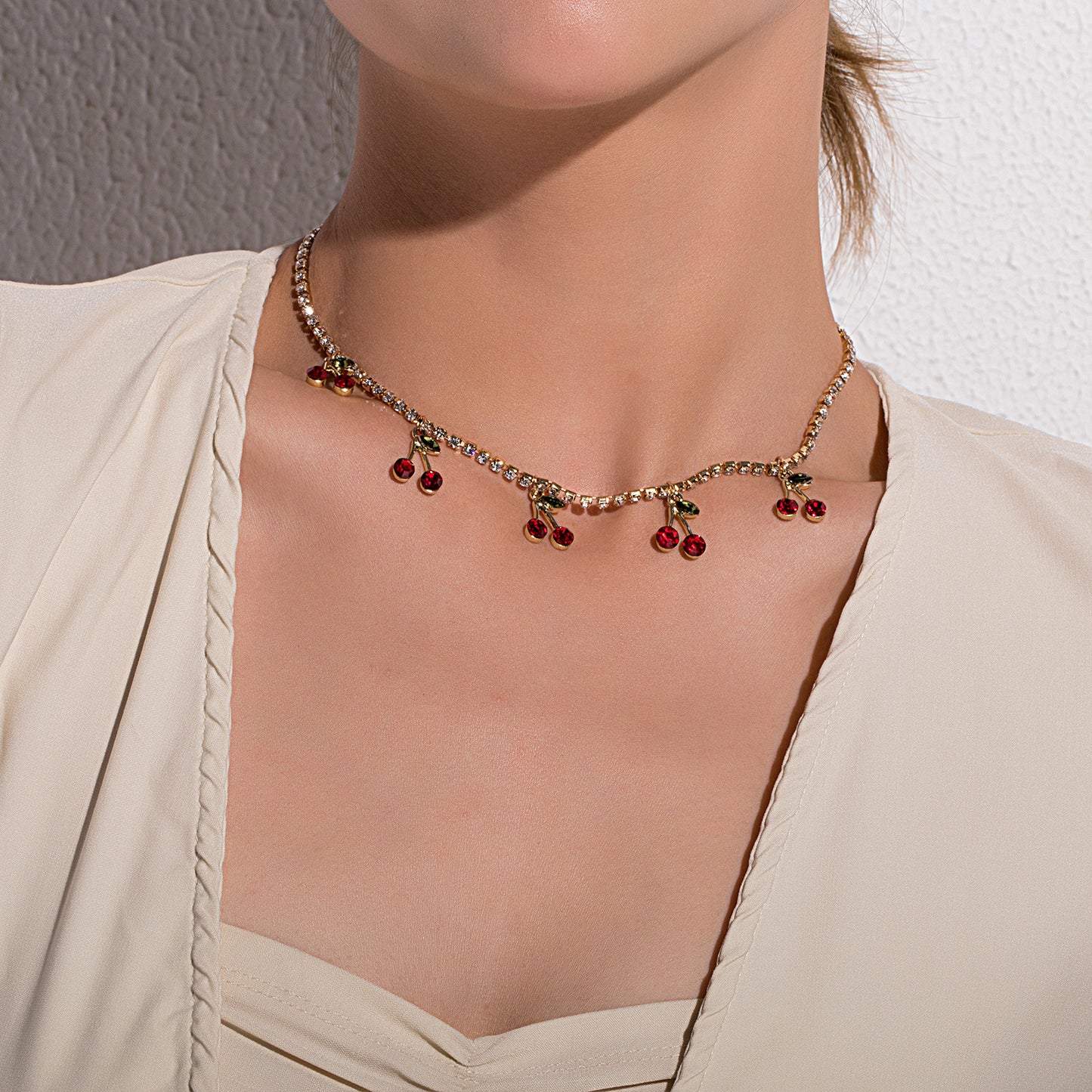 Vintage Bohemian Red Cherry Necklace for Women, Geometric Alloy Pendant with Box Chain, Plated Jewelry Accessory