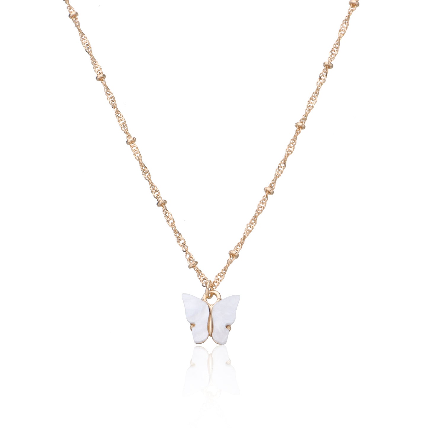 Women's Solid Color Acrylic White Butterfly Necklace, Alloy Round Bead Chain Fashion Jewelry, Elegant Design for Daily Wear