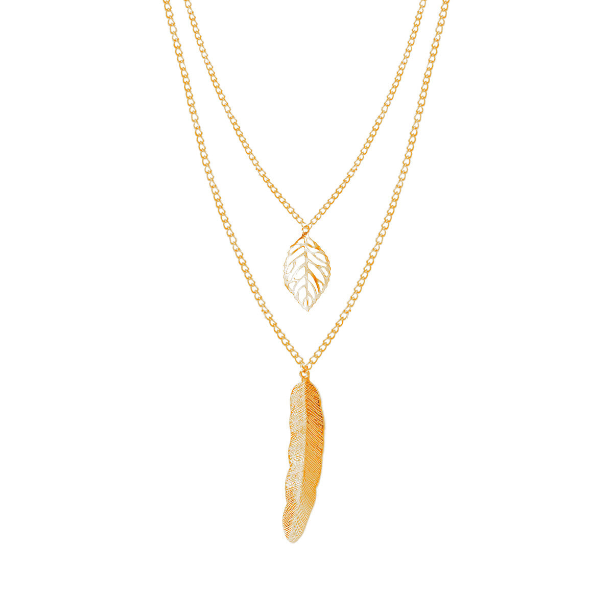 Statement Leaf Feather Necklace for Women Alloy Cross Chain Double Layer Clavicle Necklace