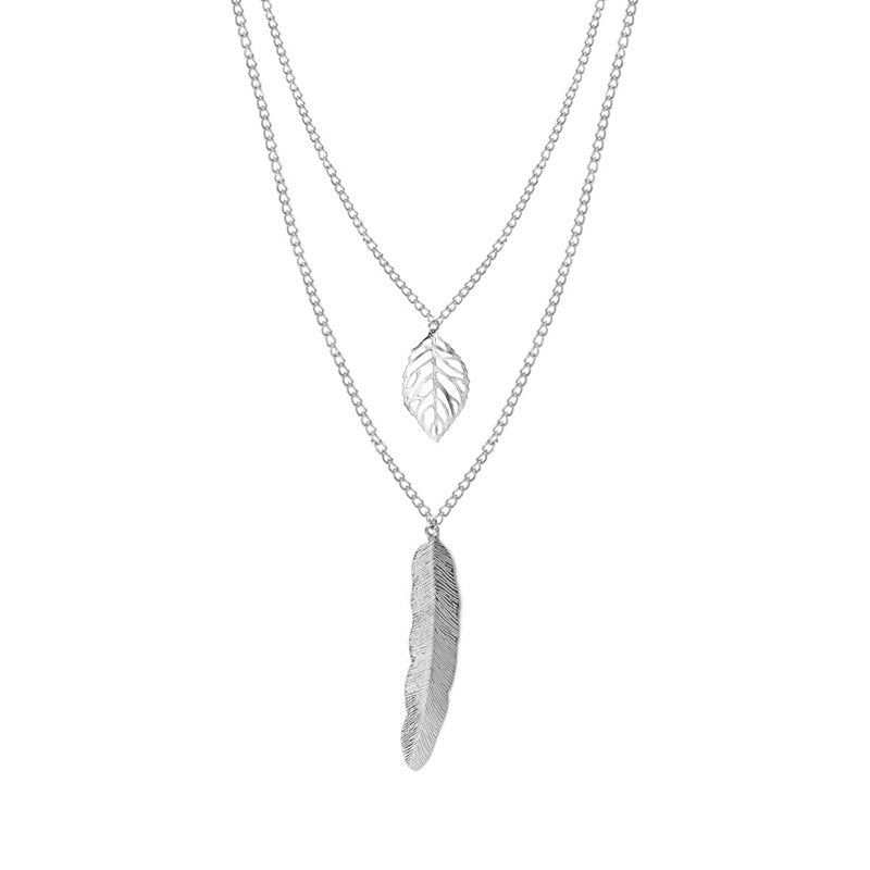Statement Leaf Feather Necklace for Women Alloy Cross Chain Double Layer Clavicle Necklace