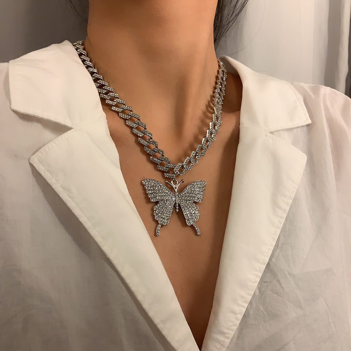 Butterfly Geometric Pendant Necklace Alloy Plated Vintage Sweet-Cool Individual Trend Cuban Chain Jewelry