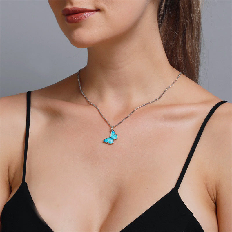 Gradient Butterfly Alloy Plated Necklace Curb Chain Unisex