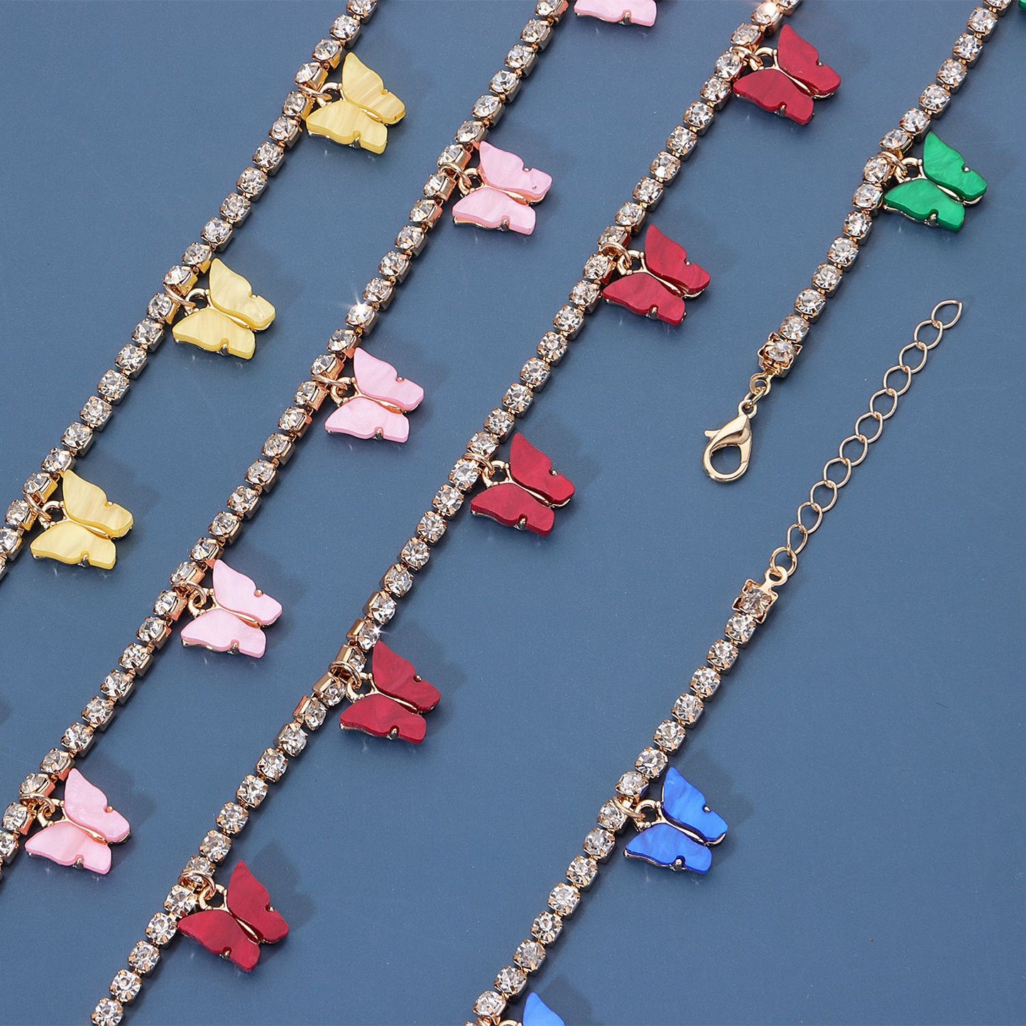 Colorful Acrylic Butterfly Anklet for Women, Alloy with Rhinestone Inlay, European Style, Beach Jewelry, Wedding Gift, Travel Souvenir, Employee Gift