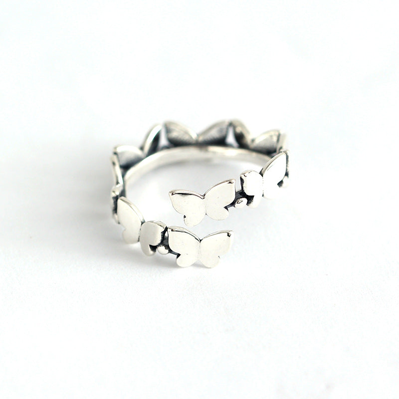 Vintage 925 Sterling Silver Round Butterfly Ring for Women