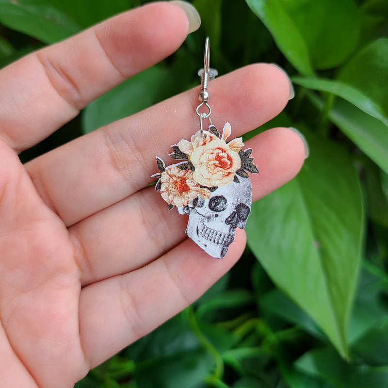 Pendientes de calavera acrílica con flores de Halloween, diseño de cruz, estilo gótico alternativo, joyería de fiesta
