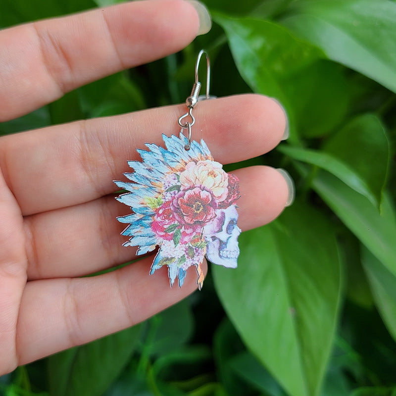 Pendientes de calavera acrílica con flores de Halloween, diseño de cruz, estilo gótico alternativo, joyería de fiesta