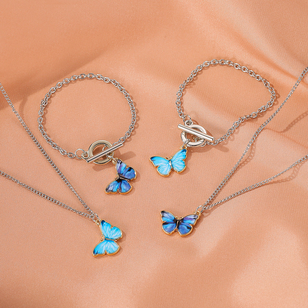 Gradient Butterfly Alloy Plated Necklace Curb Chain Unisex