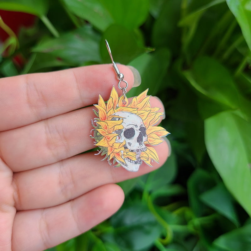 Pendientes de calavera acrílica con flores de Halloween, diseño de cruz, estilo gótico alternativo, joyería de fiesta