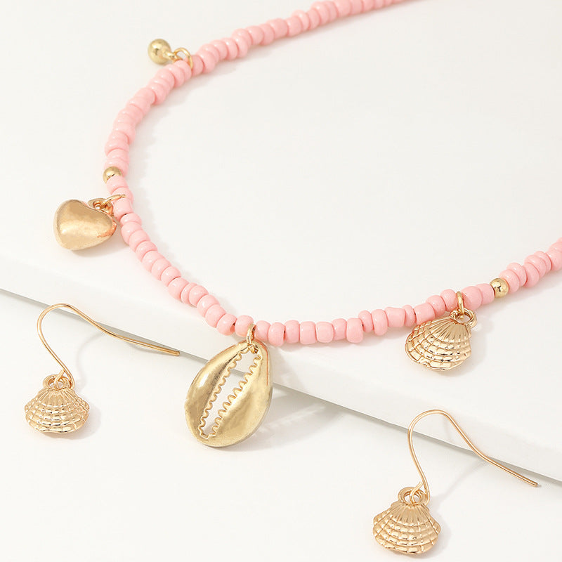 Bohemian Pink Beaded Butterfly Shell Pendant Necklace Set for Children Handmade Jewelry