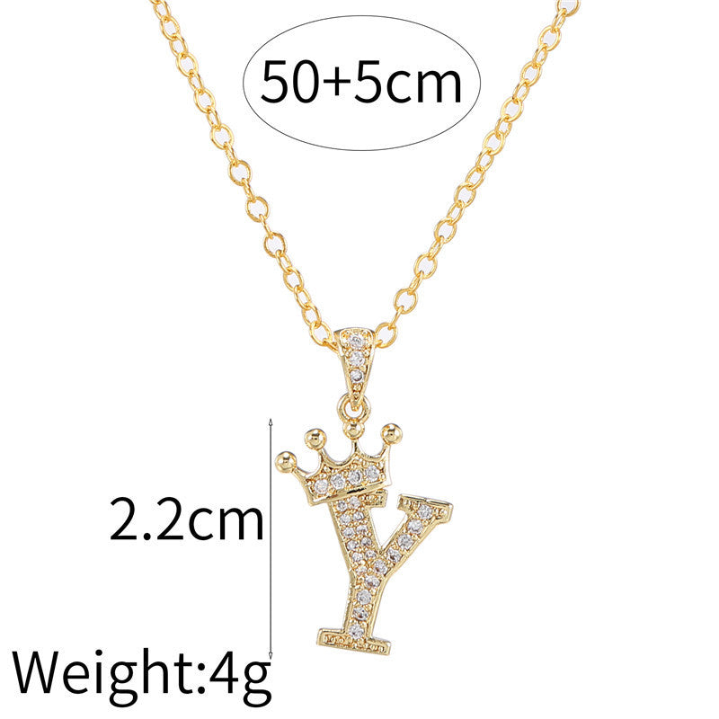Minimalist Crown Letter Cubic Zirconia Micro-inlay Brass Necklace with Cable Chain