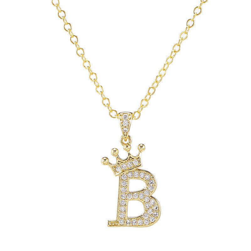 Minimalist Crown Letter Cubic Zirconia Micro-inlay Brass Necklace with Cable Chain