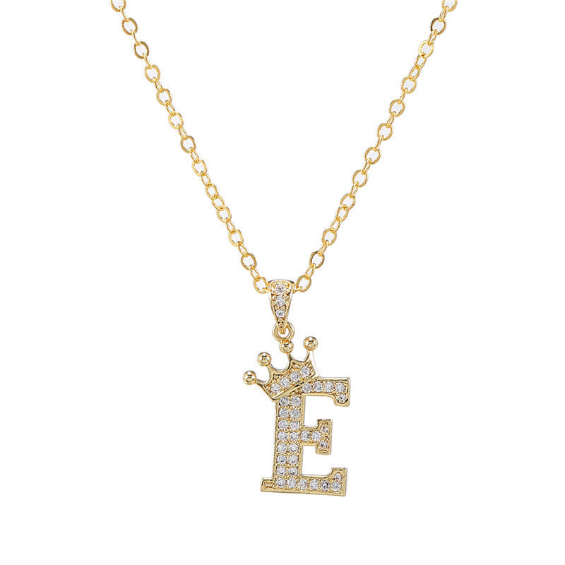Minimalist Crown Letter Cubic Zirconia Micro-inlay Brass Necklace with Cable Chain
