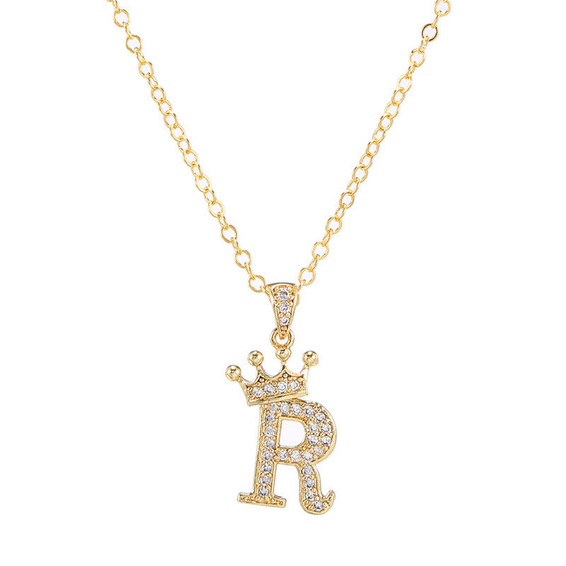 Minimalist Crown Letter Cubic Zirconia Micro-inlay Brass Necklace with Cable Chain