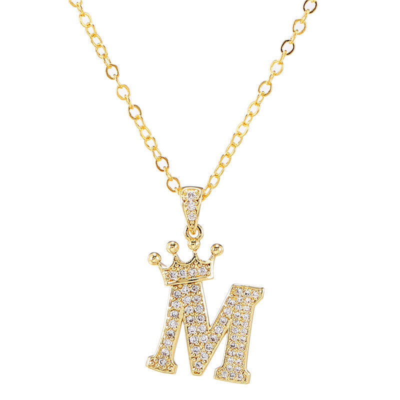 Minimalist Crown Letter Cubic Zirconia Micro-inlay Brass Necklace with Cable Chain