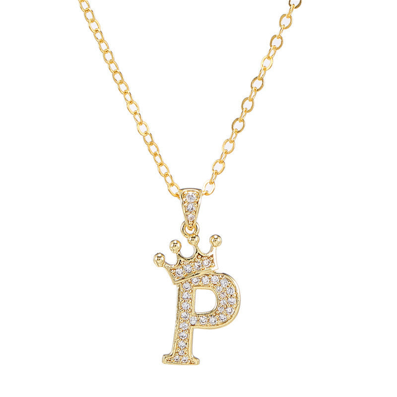 Minimalist Crown Letter Cubic Zirconia Micro-inlay Brass Necklace with Cable Chain