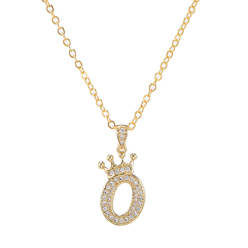 Minimalist Crown Letter Cubic Zirconia Micro-inlay Brass Necklace with Cable Chain
