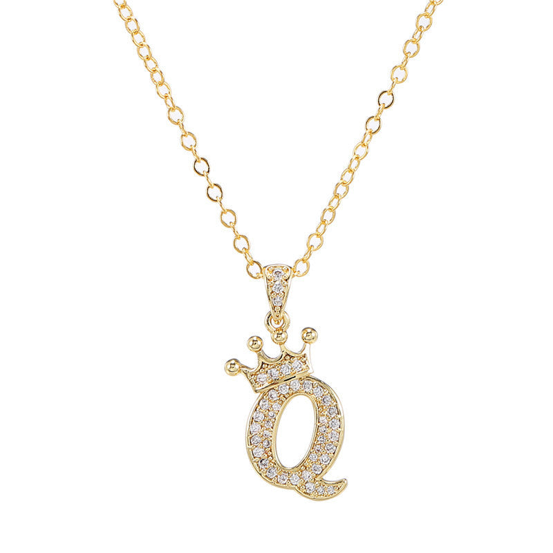 Minimalist Crown Letter Cubic Zirconia Micro-inlay Brass Necklace with Cable Chain