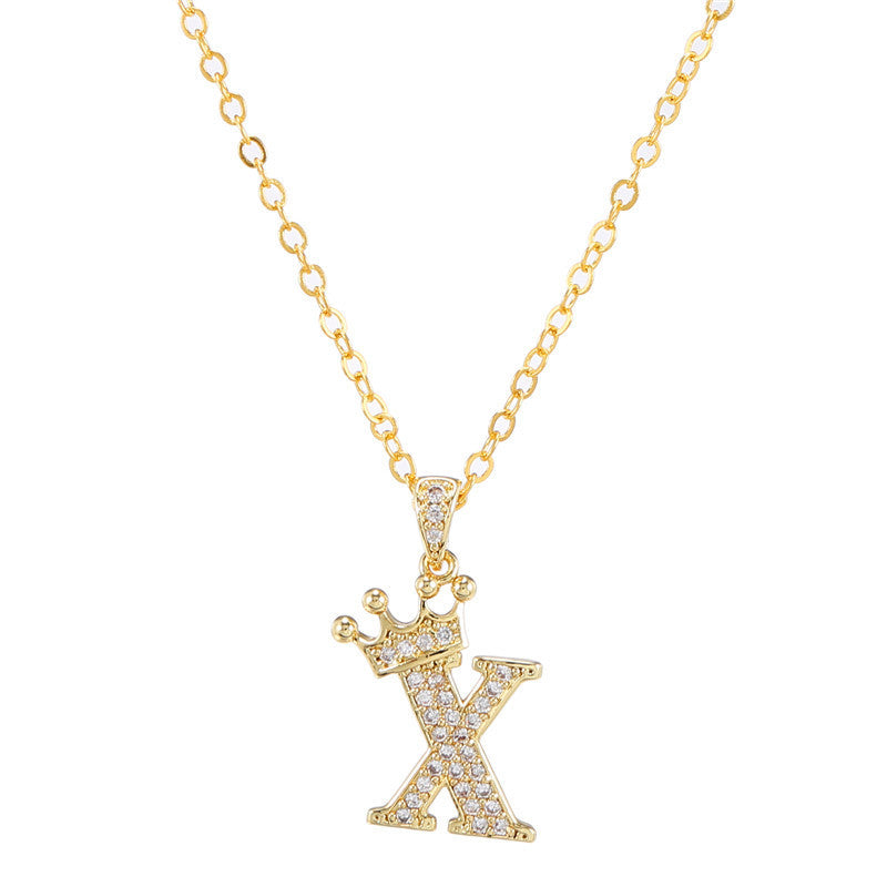 Minimalist Crown Letter Cubic Zirconia Micro-inlay Brass Necklace with Cable Chain