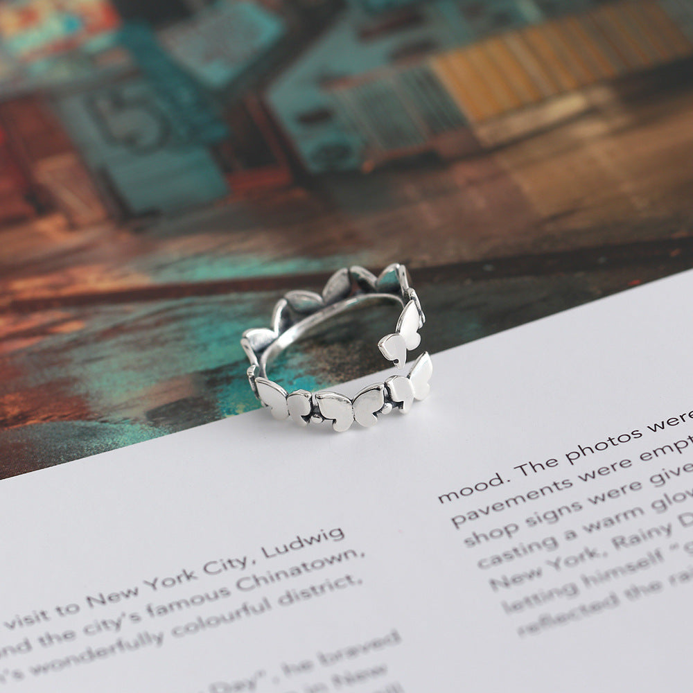 Vintage 925 Sterling Silver Round Butterfly Ring for Women