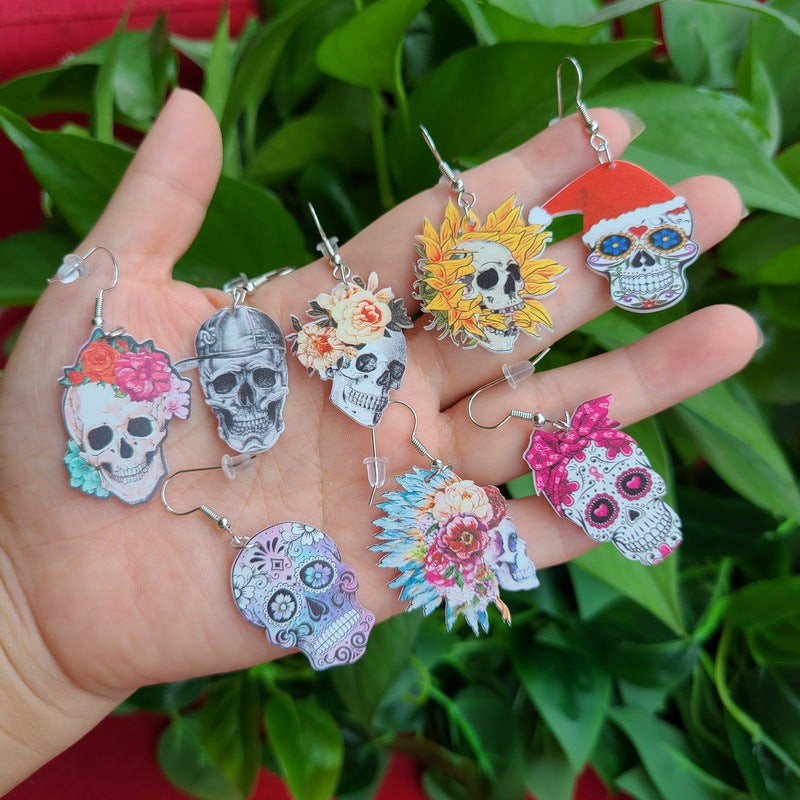 Pendientes de calavera acrílica con flores de Halloween, diseño de cruz, estilo gótico alternativo, joyería de fiesta