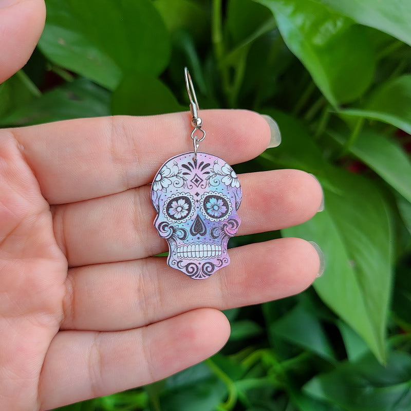 Pendientes de calavera acrílica con flores de Halloween, diseño de cruz, estilo gótico alternativo, joyería de fiesta