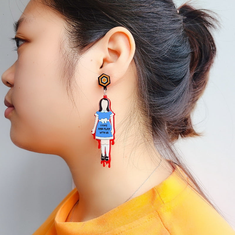 Pendientes de Halloween de terror de acrílico, diseño de personaje de dibujos animados, patrón de fantasma, joyería de moda estilo oscuro para mujer