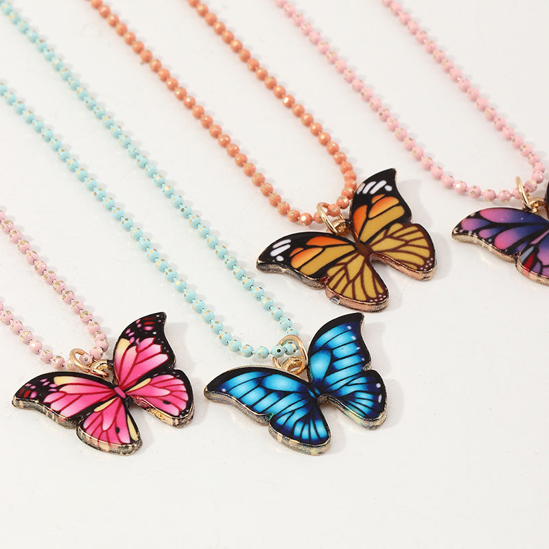 Minimalist Butterfly Pendant Necklace for Children Alloy Chain with Enamel Finish and Acrylic Charm