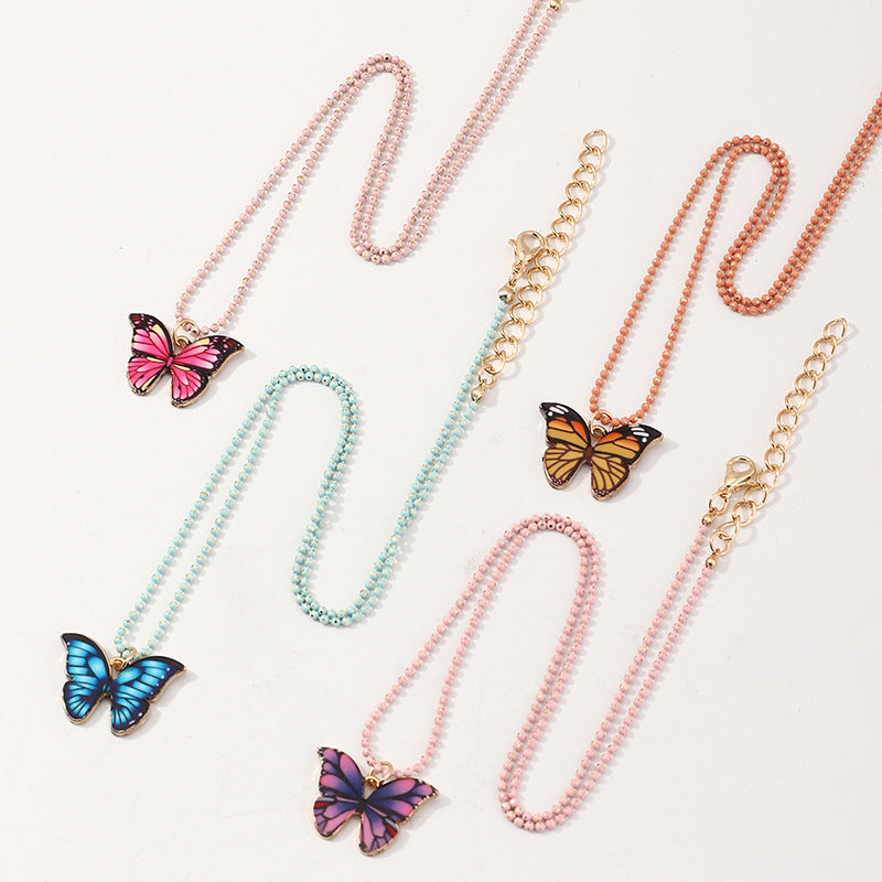 Minimalist Butterfly Pendant Necklace for Children Alloy Chain with Enamel Finish and Acrylic Charm