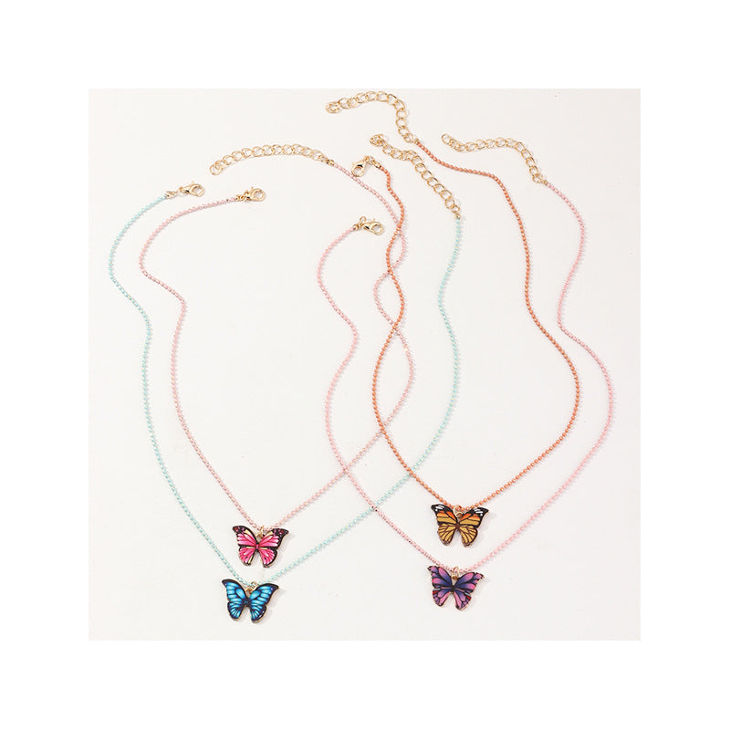 Minimalist Butterfly Pendant Necklace for Children Alloy Chain with Enamel Finish and Acrylic Charm