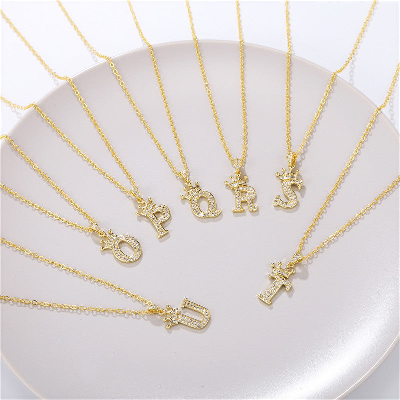 Minimalist Crown Letter Cubic Zirconia Micro-inlay Brass Necklace with Cable Chain