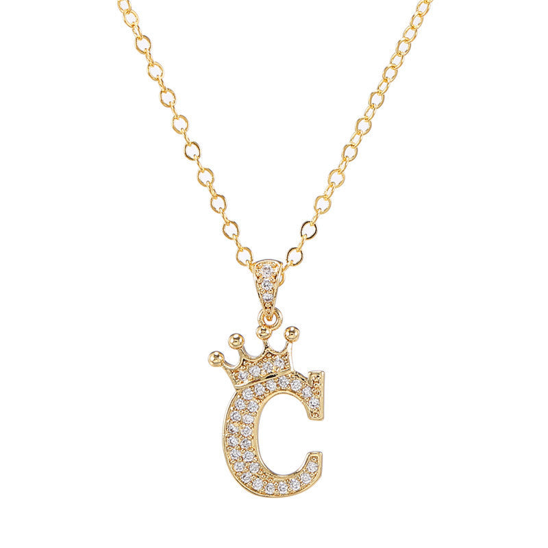 Minimalist Crown Letter Cubic Zirconia Micro-inlay Brass Necklace with Cable Chain
