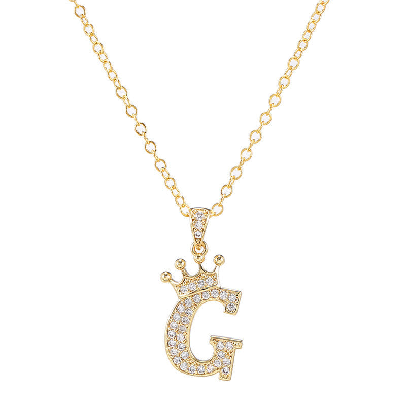 Minimalist Crown Letter Cubic Zirconia Micro-inlay Brass Necklace with Cable Chain