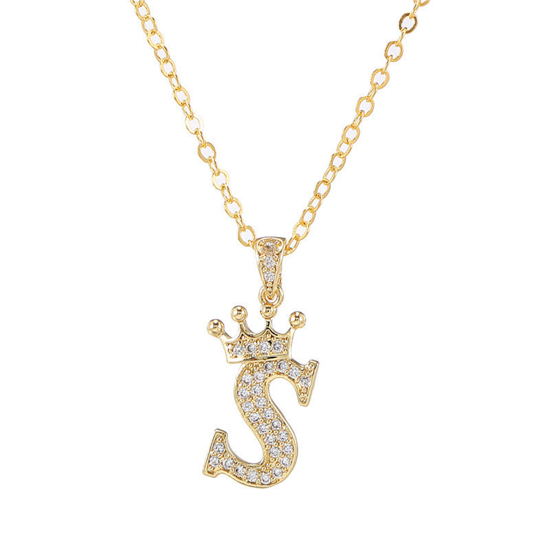 Minimalist Crown Letter Cubic Zirconia Micro-inlay Brass Necklace with Cable Chain